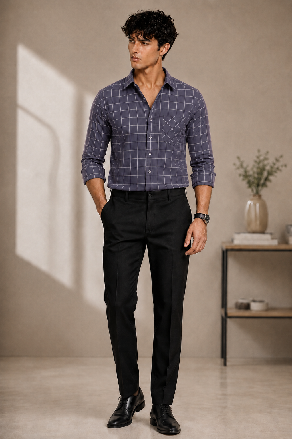Dark grey windowpane check cotton shirt for men, full sleeve, view 6