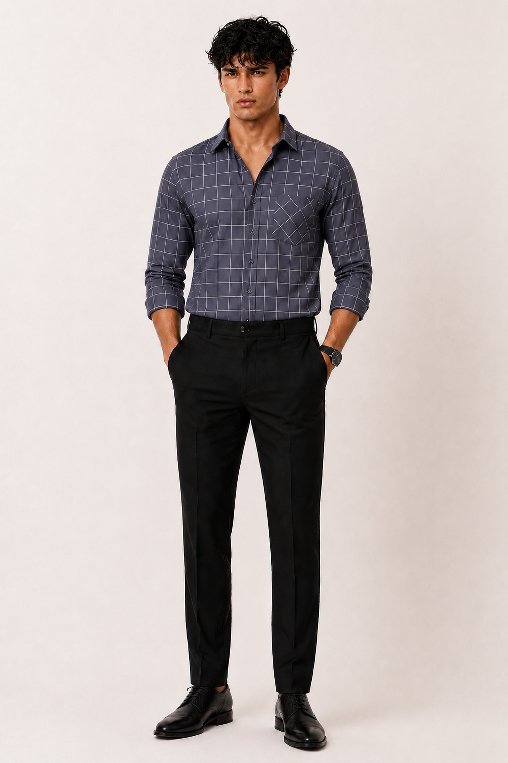 Dark grey windowpane check cotton shirt for men, full sleeve, view 7