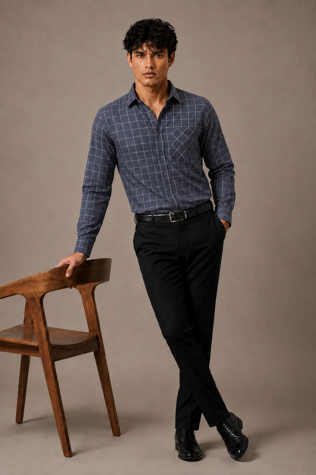 Dark grey windowpane check cotton shirt for men, full sleeve, view 4