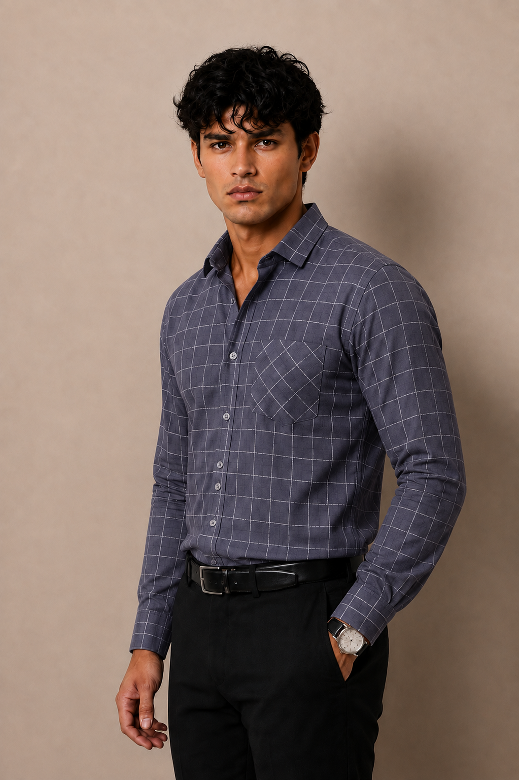 Dark grey windowpane check cotton shirt for men, full sleeve, view 2