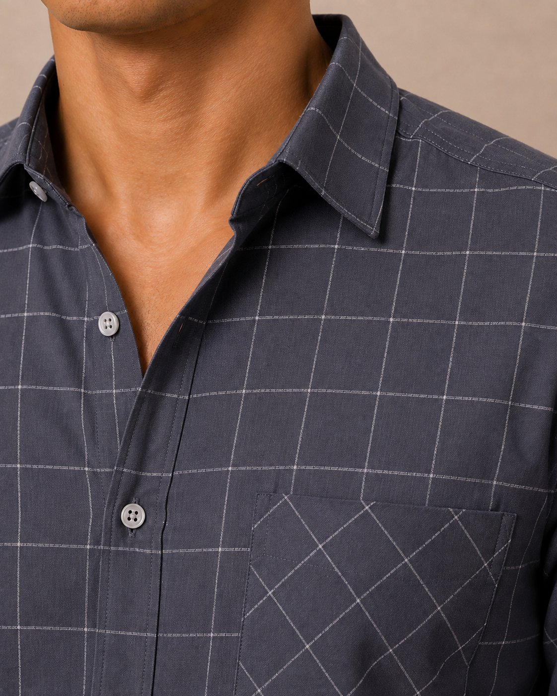 Dark grey windowpane check cotton shirt for men, full sleeve, view 5