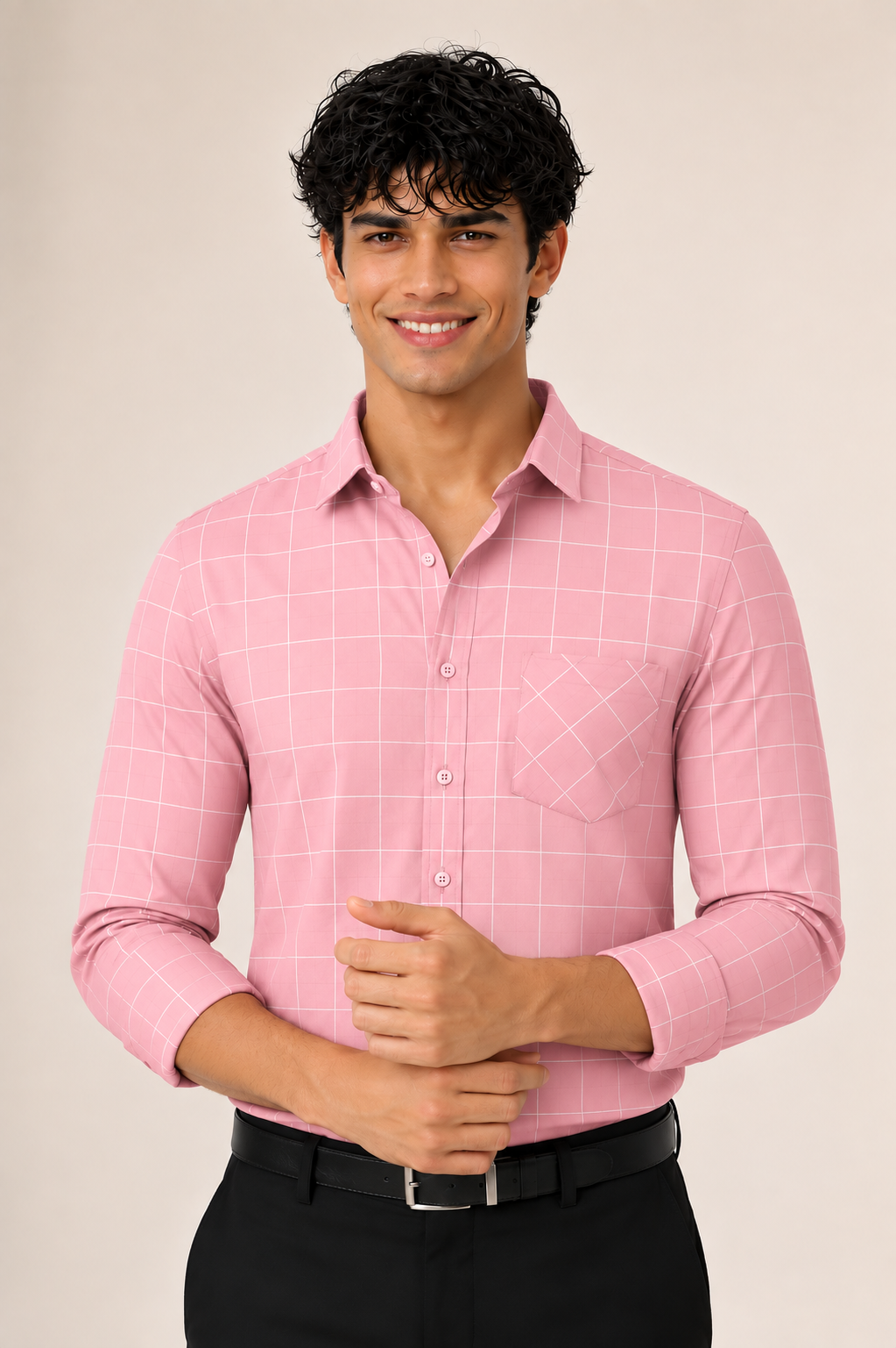 Rose pink windowpane check cotton shirt for men, full sleeve