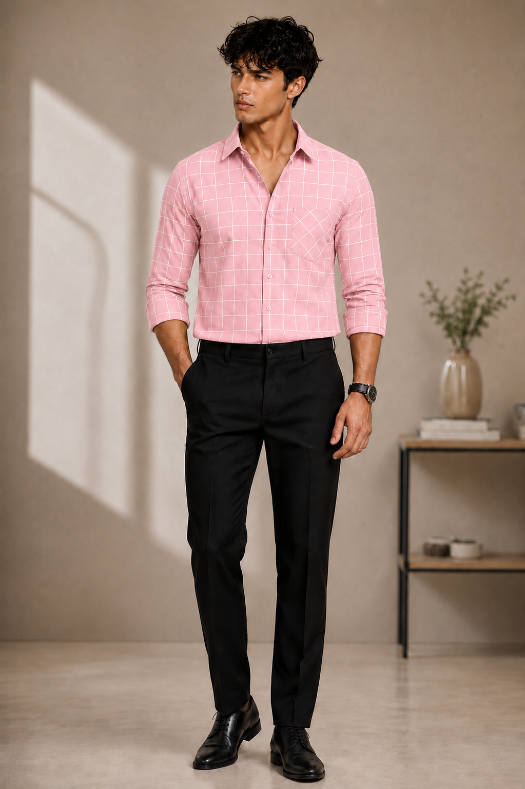 Rose pink windowpane check cotton shirt for men, full sleeve, view 5