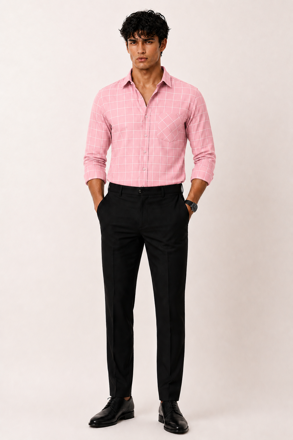 Rose pink windowpane check cotton shirt for men, full sleeve, view 8