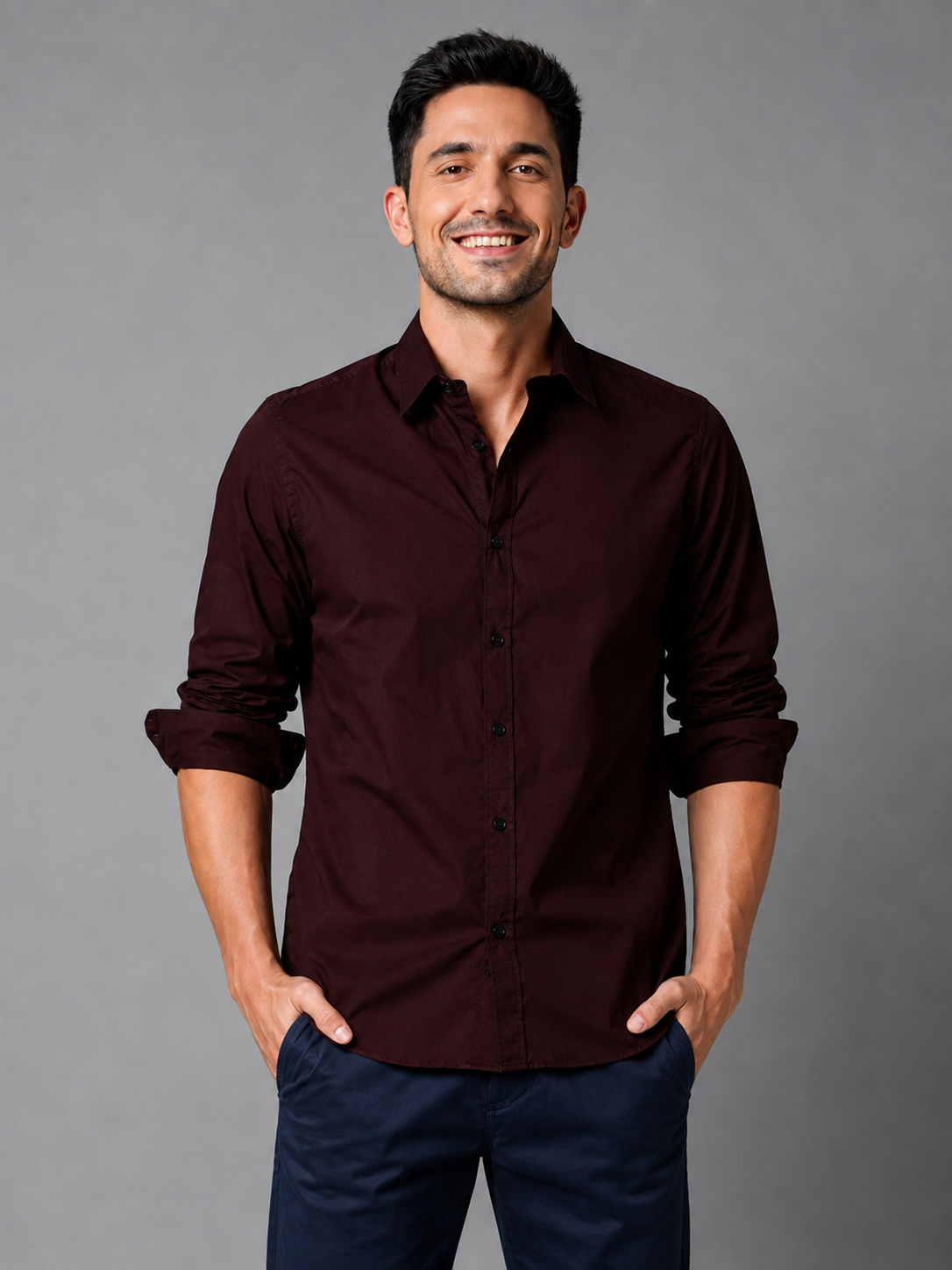 Deep maroon cotton formal shirt for men with button cuffs, view 2