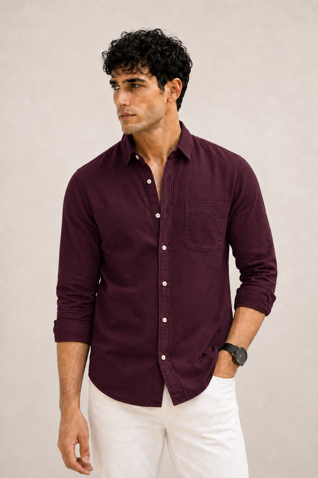 Deep wine red cotton casual shirt for men, full sleeve, view 4