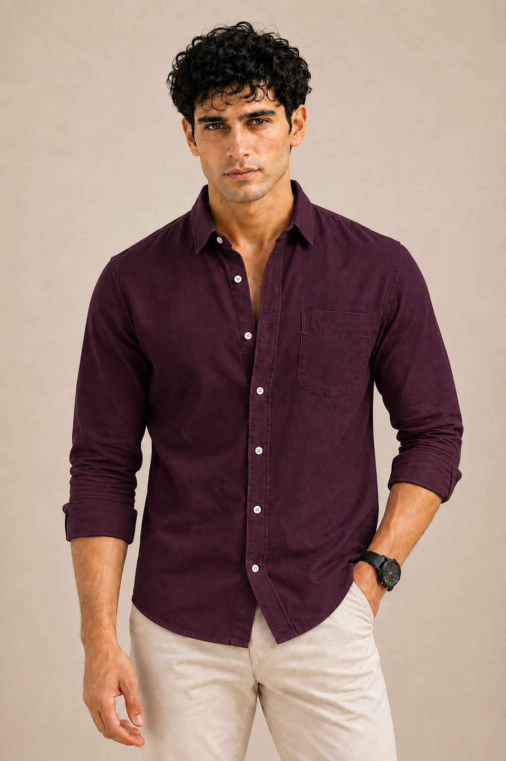 Deep wine red cotton casual shirt for men, full sleeve