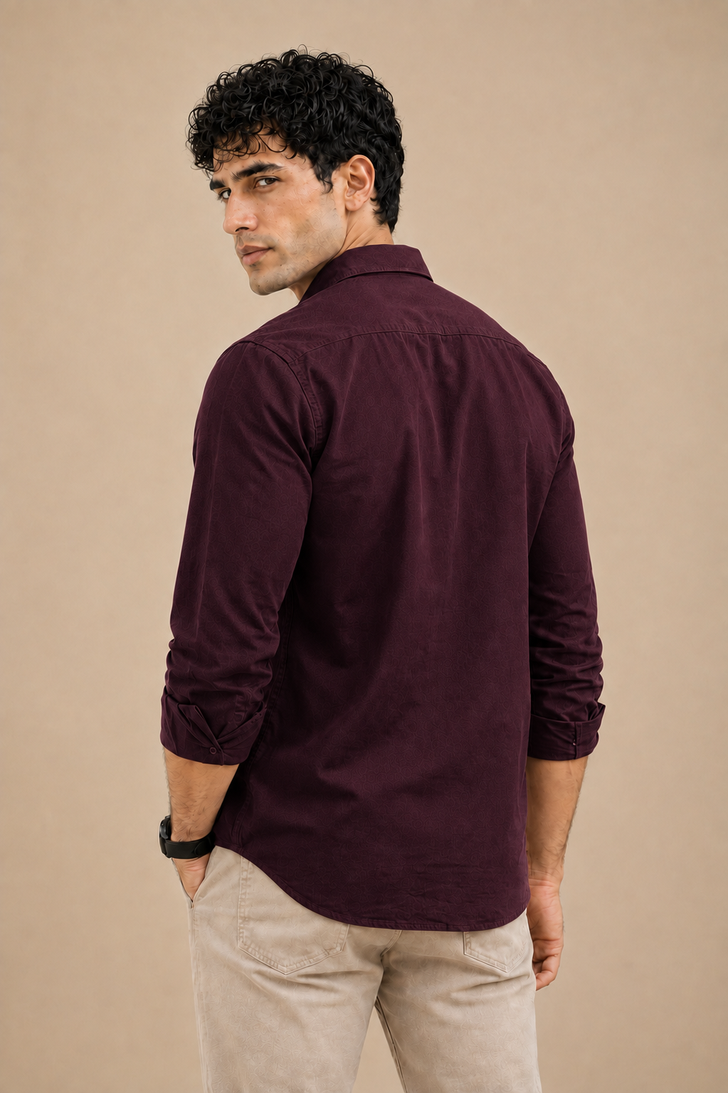 Deep wine red cotton casual shirt for men, full sleeve, view 2