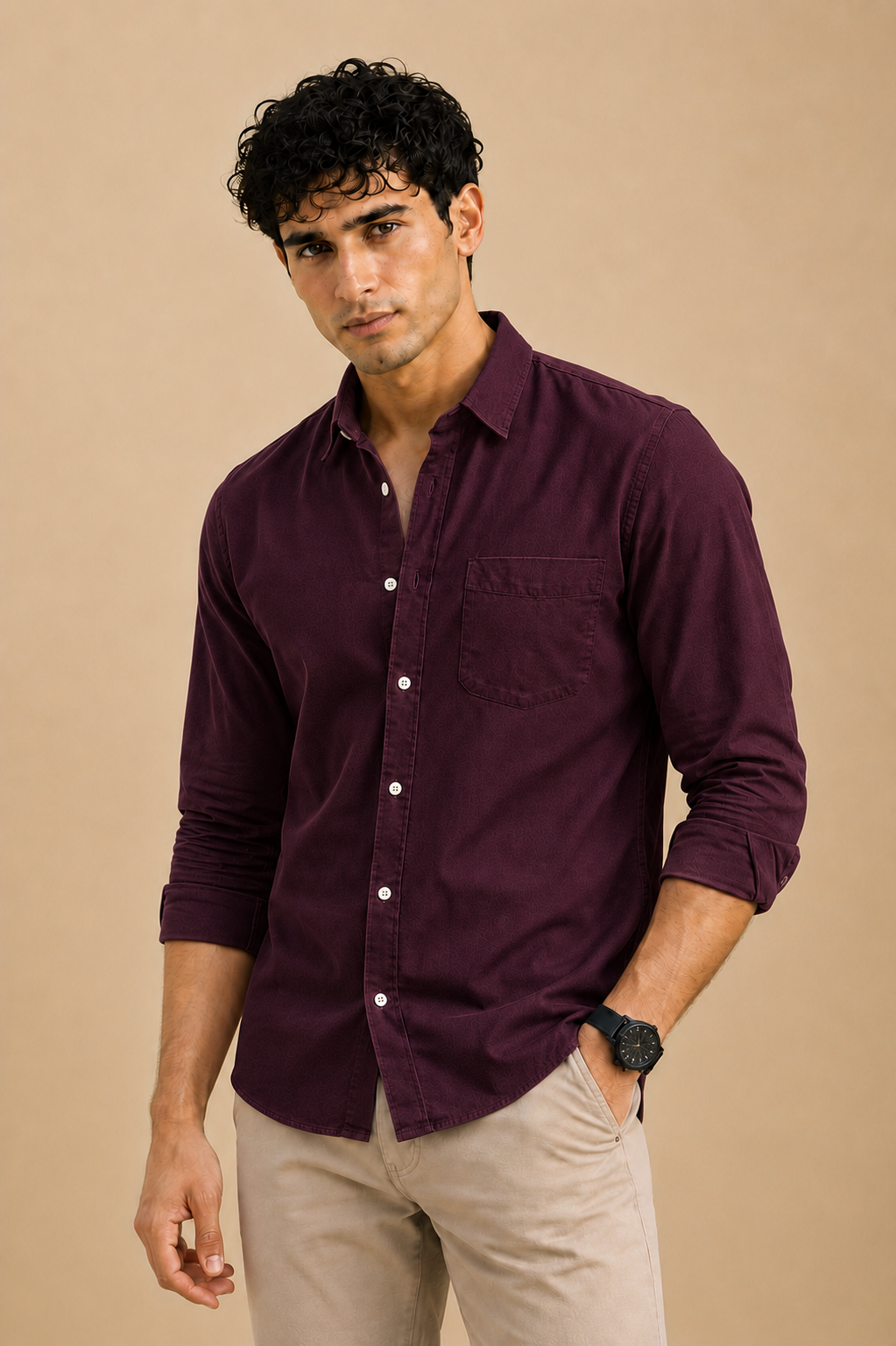 Deep wine red cotton casual shirt for men, full sleeve, view 6