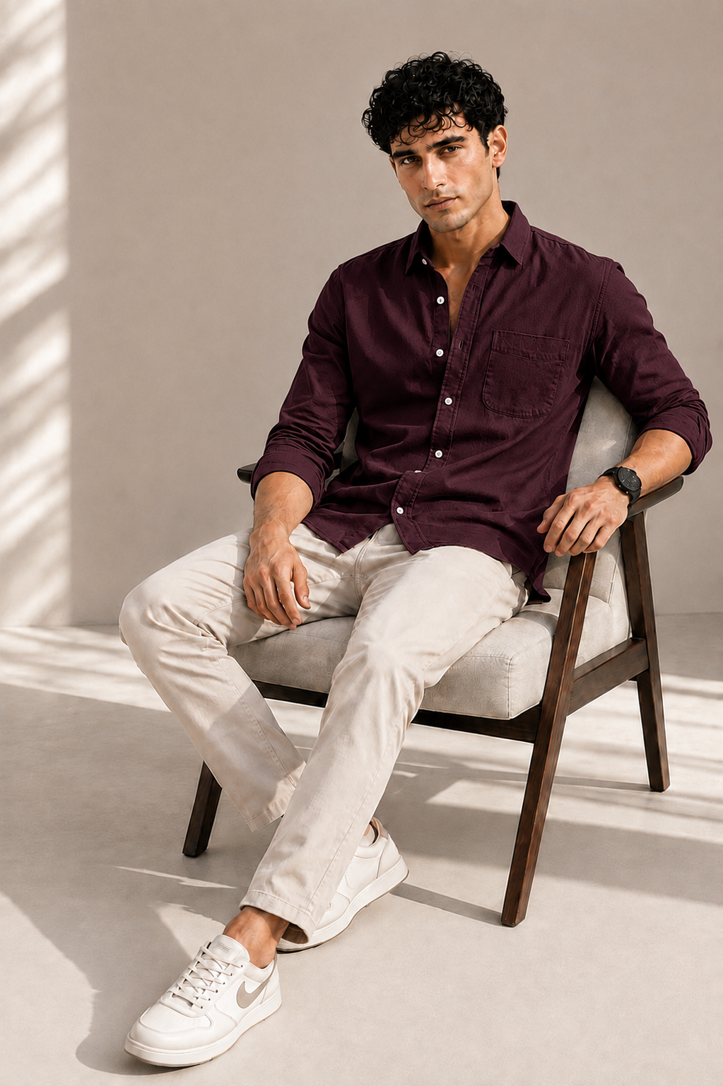Deep wine red cotton casual shirt for men, full sleeve, view 3