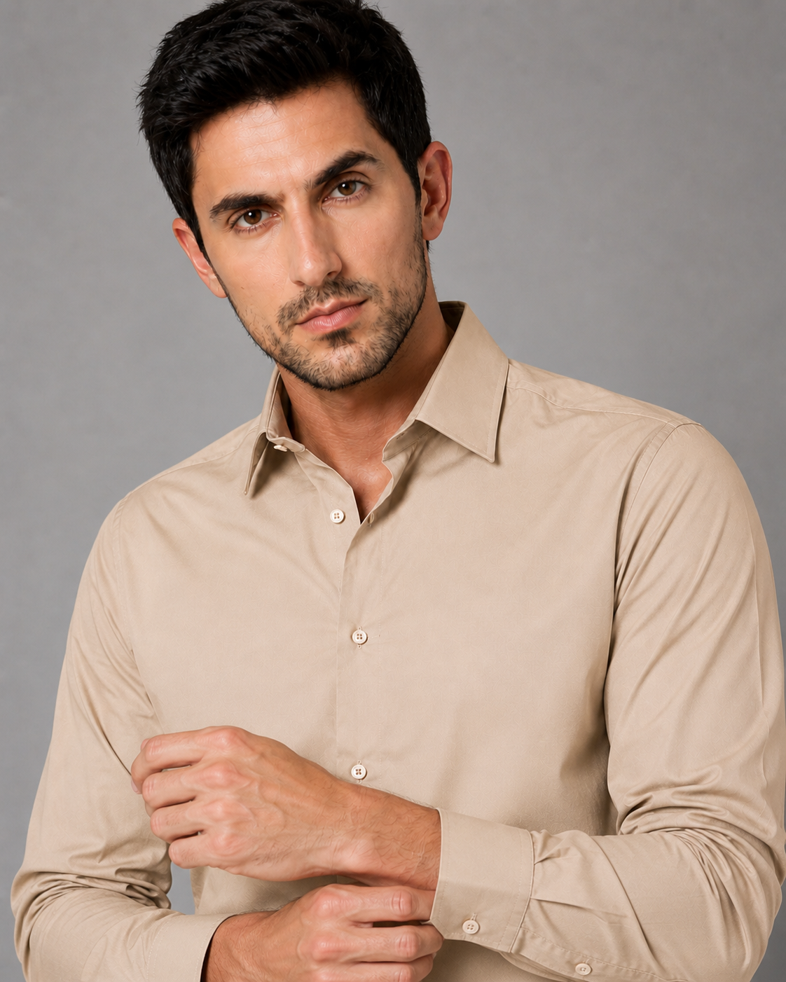 Beige cotton formal shirt for men with full sleeves and classic collar, view 6