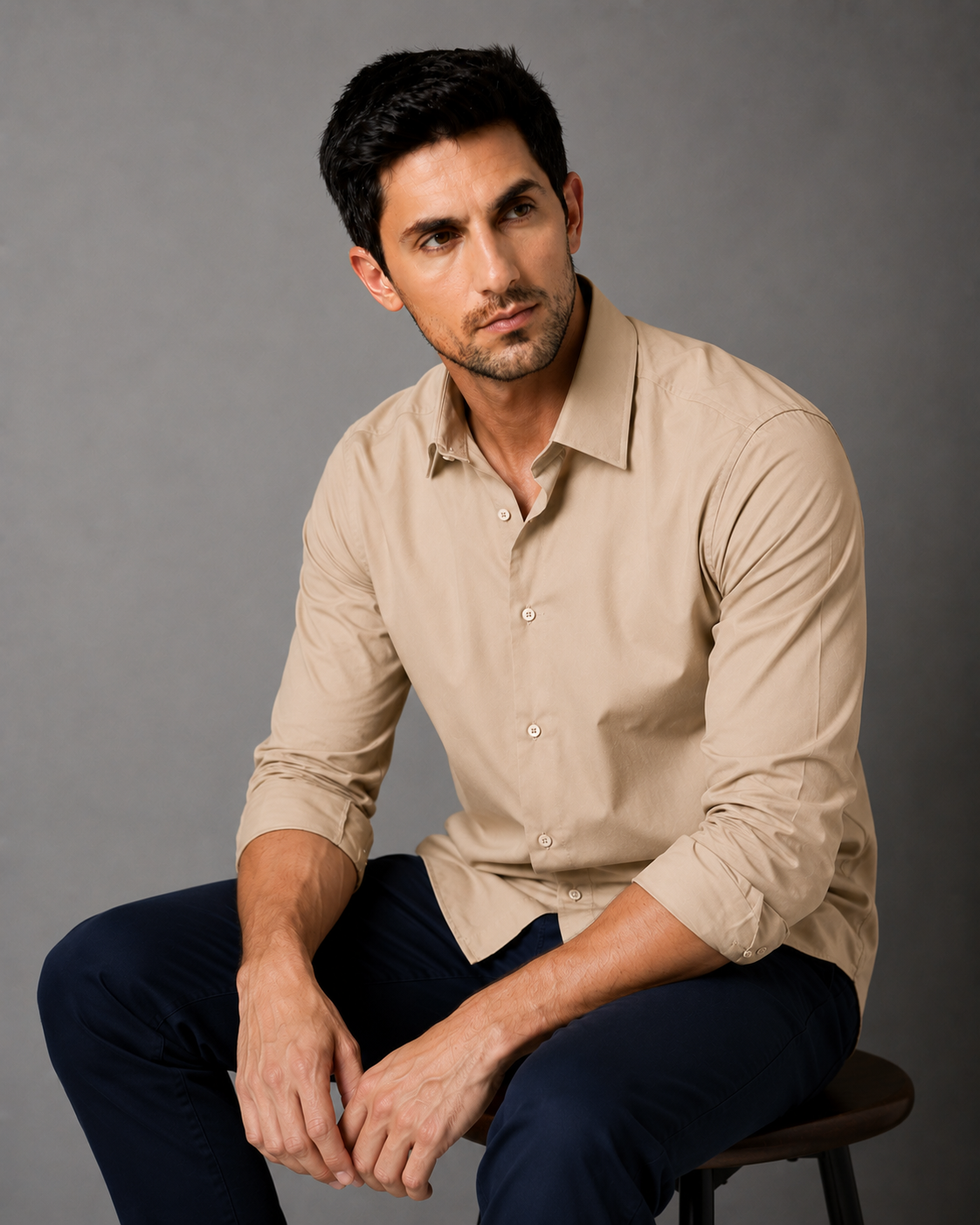 Beige cotton formal shirt for men with full sleeves and classic collar, view 4