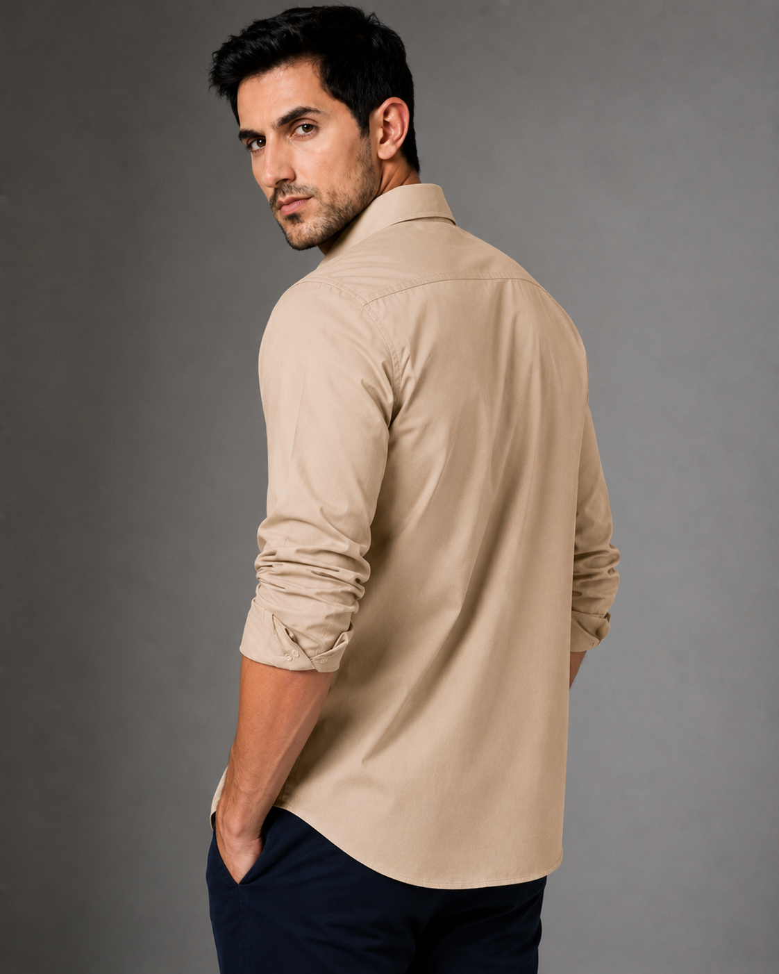 Beige cotton formal shirt for men with full sleeves and classic collar, view 2