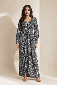 VAAKI Women's Black Floral Print Cotton Maxi Dress | V-Neck Long Sleeve Fit & Flare