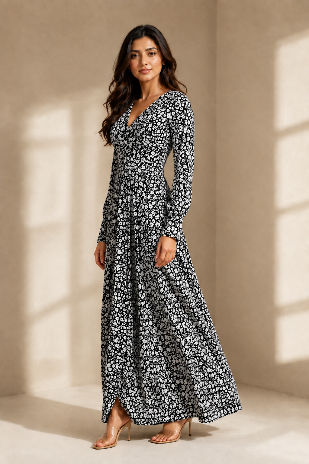 VAAKI Women's Black Floral Print Cotton Maxi Dress | V-Neck Long Sleeve Fit & Flare