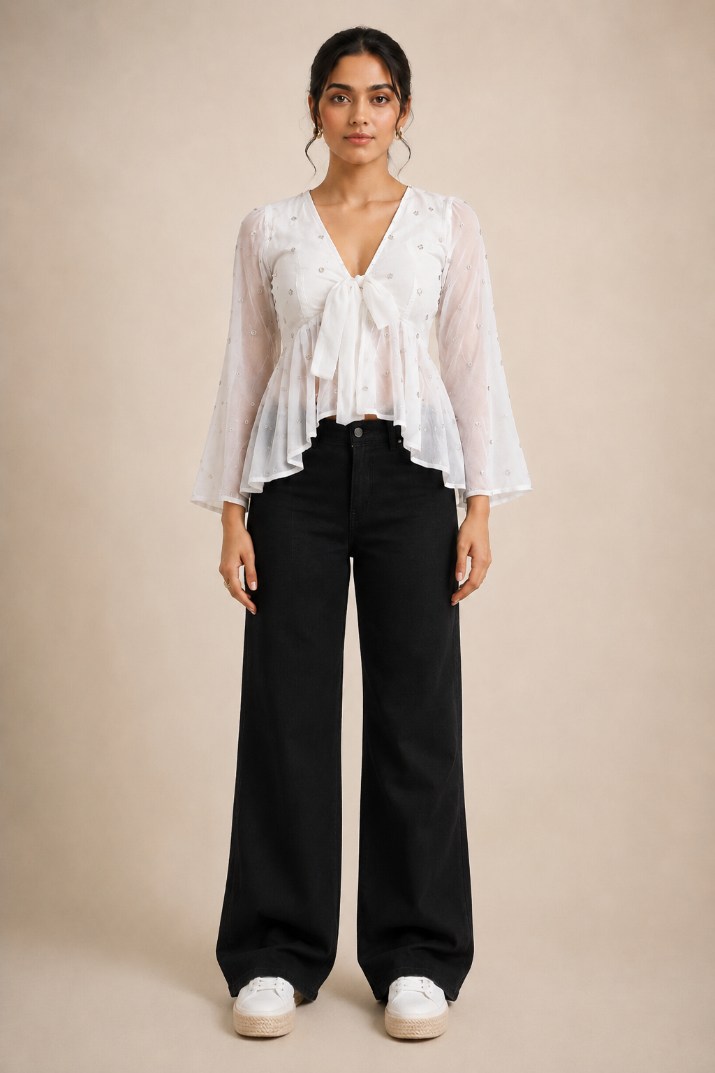 VAAKI Women's White Sheer Mesh Peplum Top | V-Neck Tie-Up Bell Sleeve Top