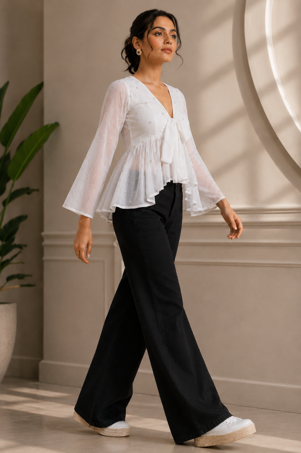 VAAKI Women's White Sheer Mesh Peplum Top | V-Neck Tie-Up Bell Sleeve Top