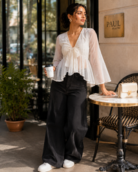 VAAKI Women's White Sheer Mesh Peplum Top | V-Neck Tie-Up Bell Sleeve Top