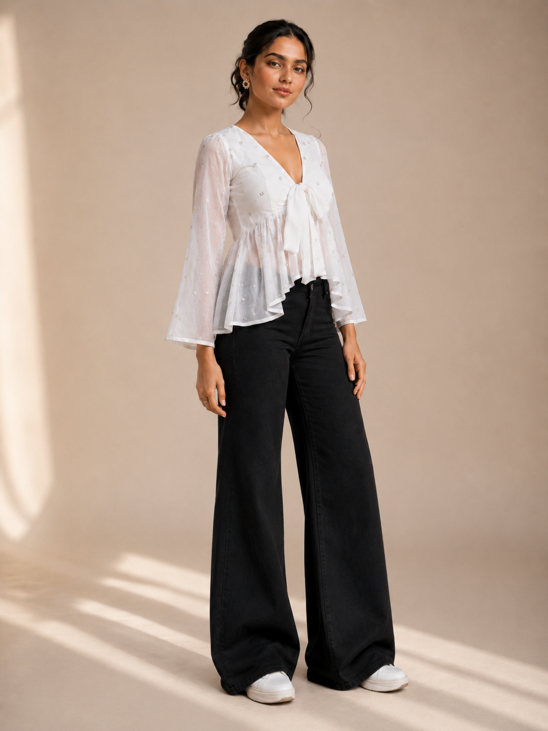 VAAKI Women's White Sheer Mesh Peplum Top | V-Neck Tie-Up Bell Sleeve Top