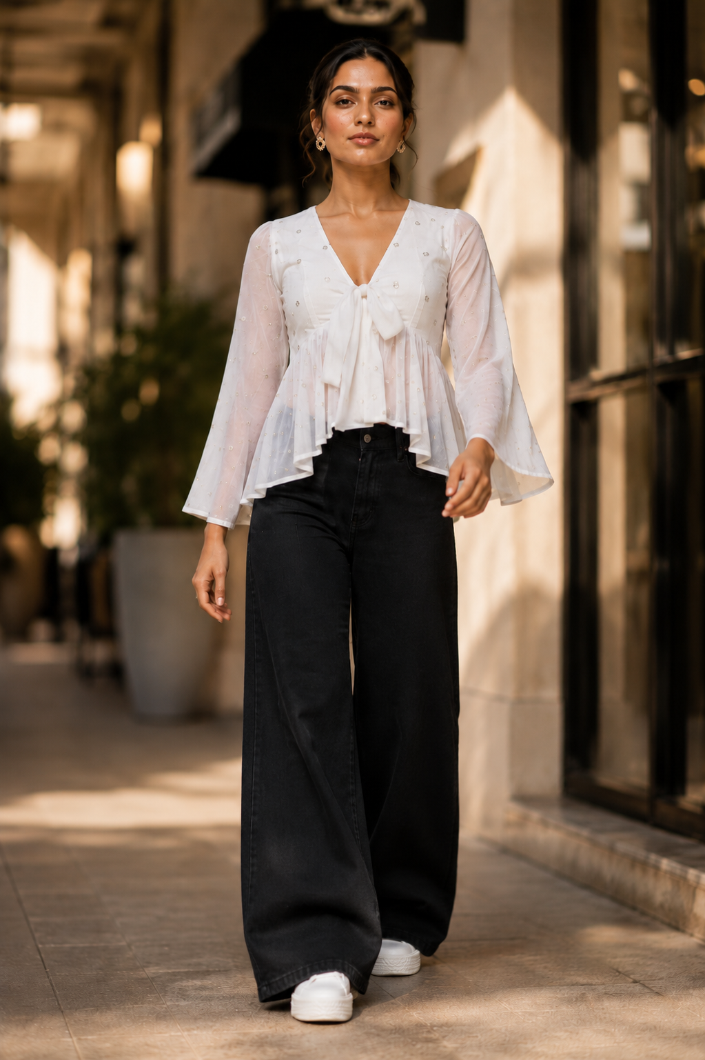 VAAKI Women's White Sheer Mesh Peplum Top | V-Neck Tie-Up Bell Sleeve Top