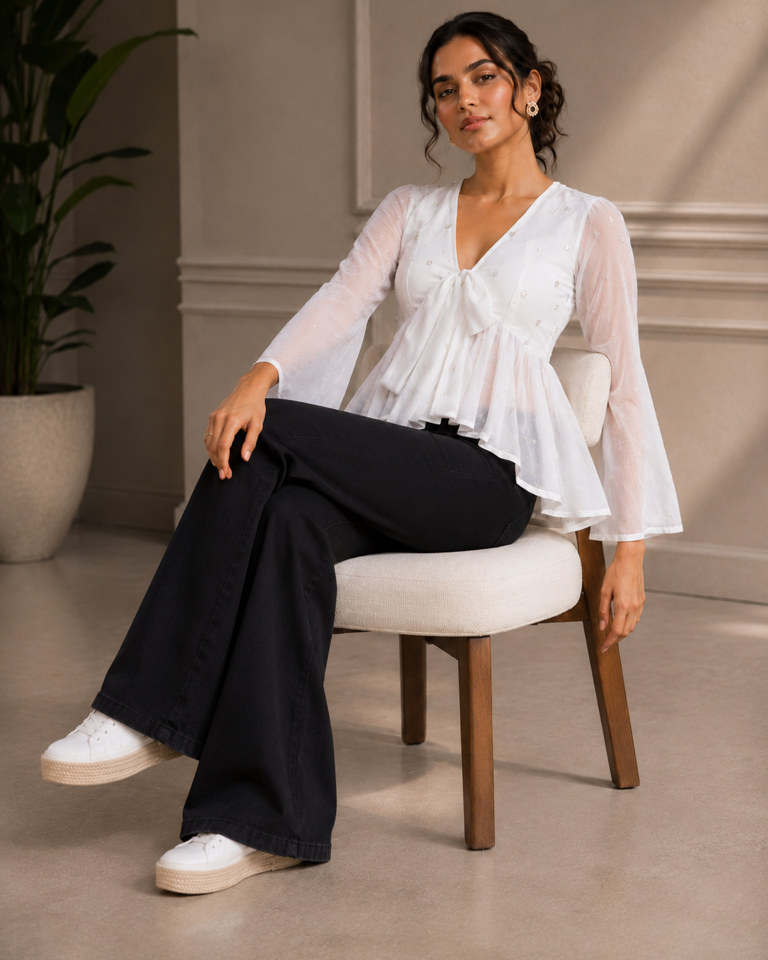 VAAKI Women's White Sheer Mesh Peplum Top | V-Neck Tie-Up Bell Sleeve Top