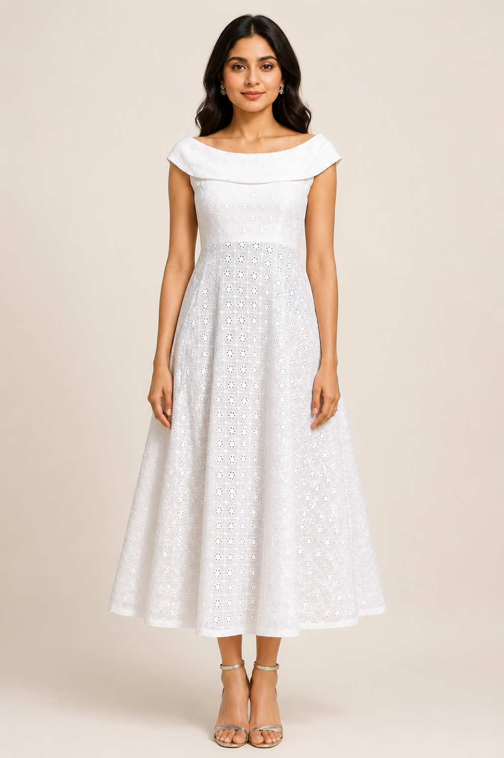 Women's White Embroidered Cotton Midi Dress | Off-Shoulder Fit & Flare Dress