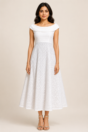Women's White Embroidered Cotton Midi Dress | Off-Shoulder Fit & Flare Dress