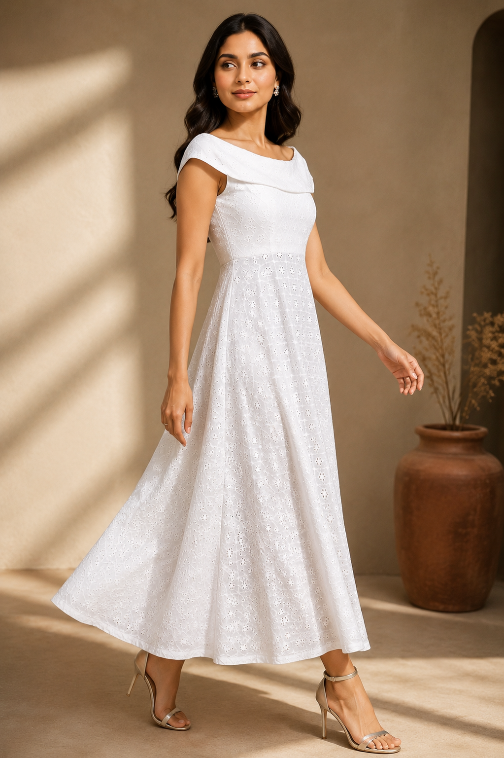 Women's White Embroidered Cotton Midi Dress | Off-Shoulder Fit & Flare Dress