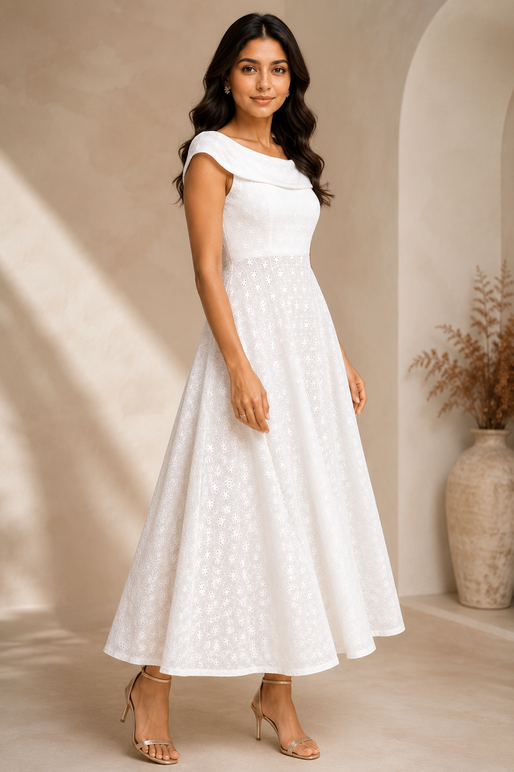 Women's White Embroidered Cotton Midi Dress | Off-Shoulder Fit & Flare Dress