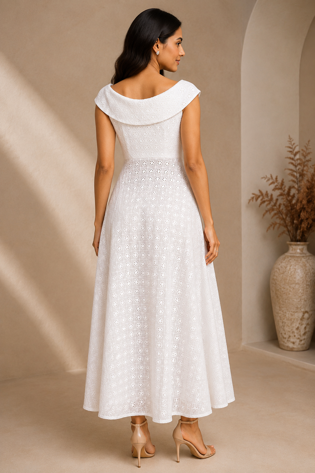 Women's White Embroidered Cotton Midi Dress | Off-Shoulder Fit & Flare Dress