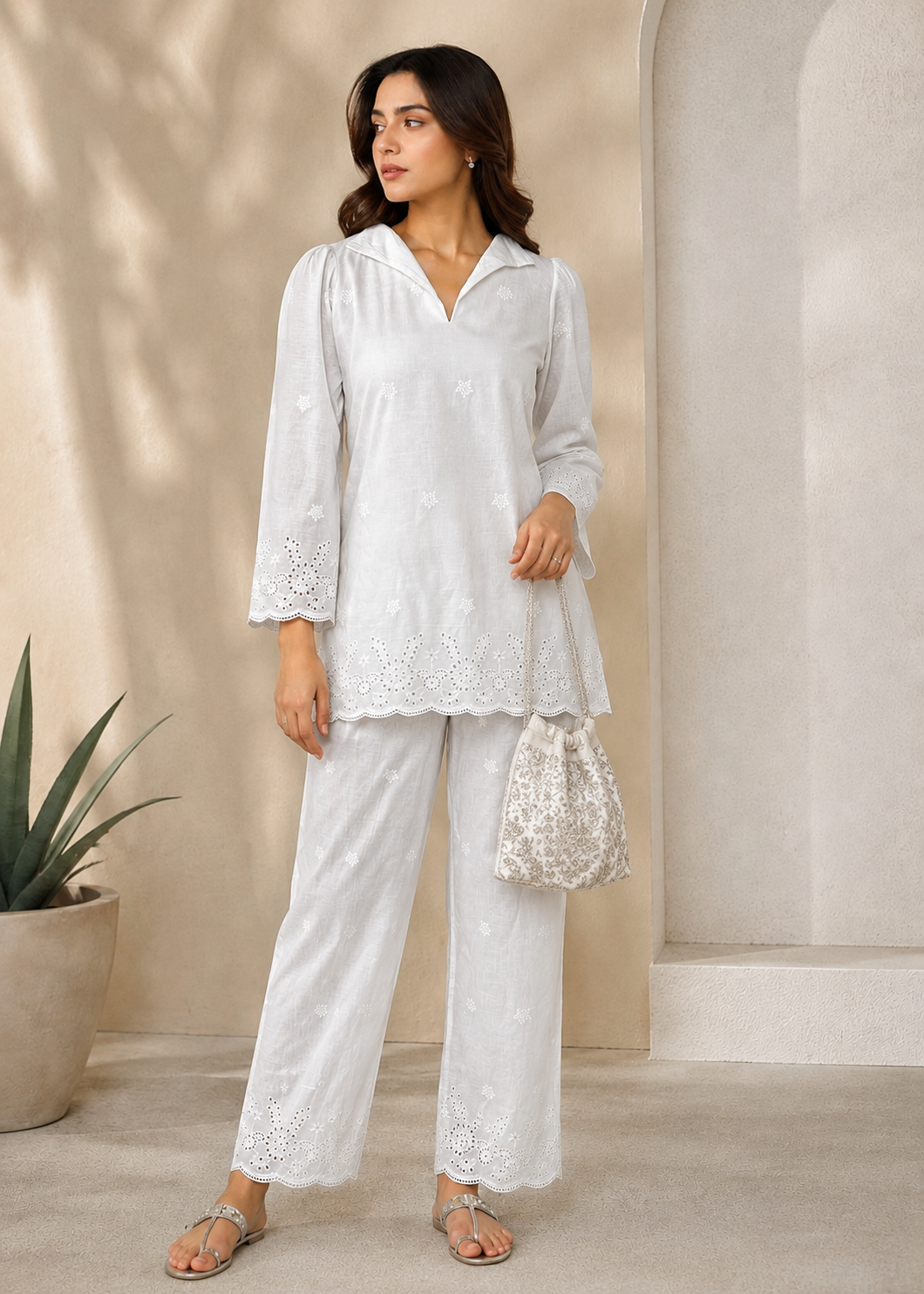 Bloom Women's White Cotton Chikankari Co-Ord Set | Embroidered Kurta & Pants