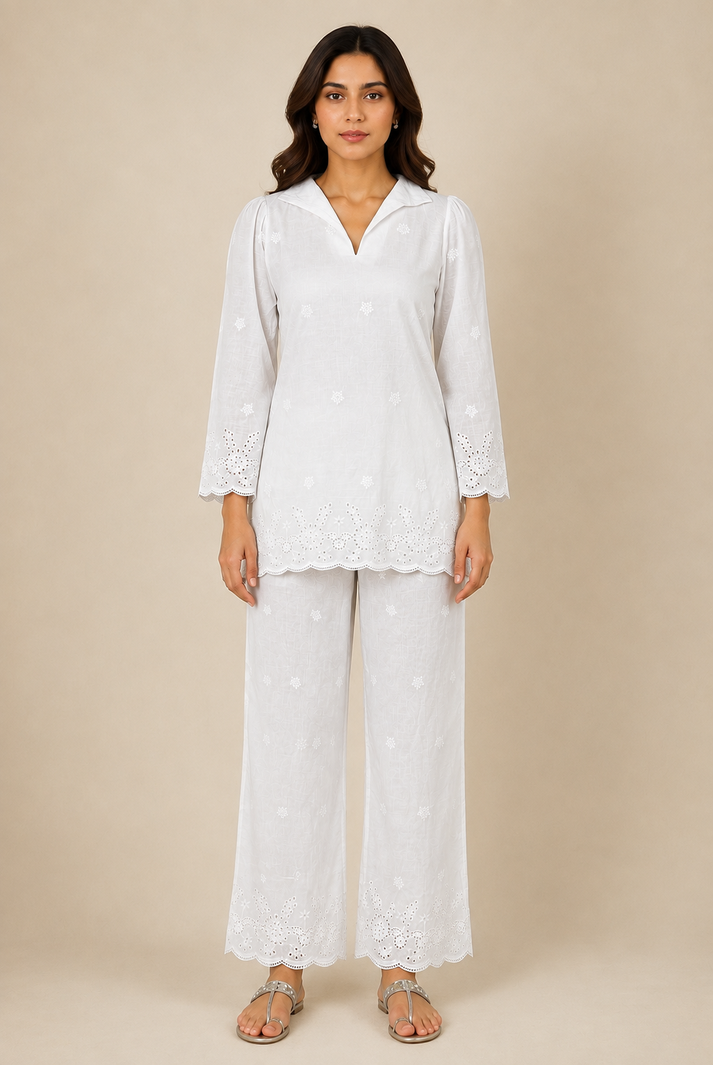 Bloom Women's White Cotton Chikankari Co-Ord Set | Embroidered Kurta & Pants