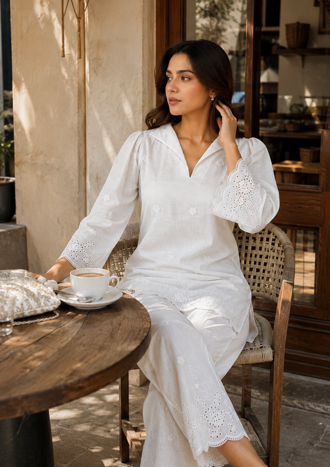Bloom Women's White Cotton Chikankari Co-Ord Set | Embroidered Kurta & Pants