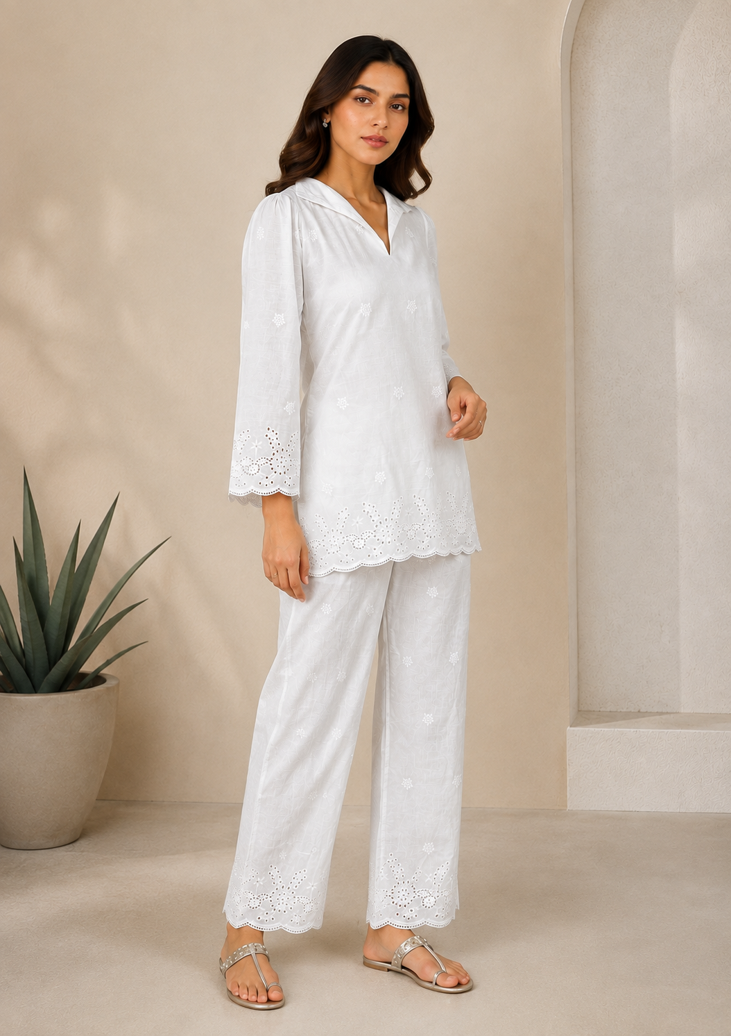 Bloom Women's White Cotton Chikankari Co-Ord Set | Embroidered Kurta & Pants