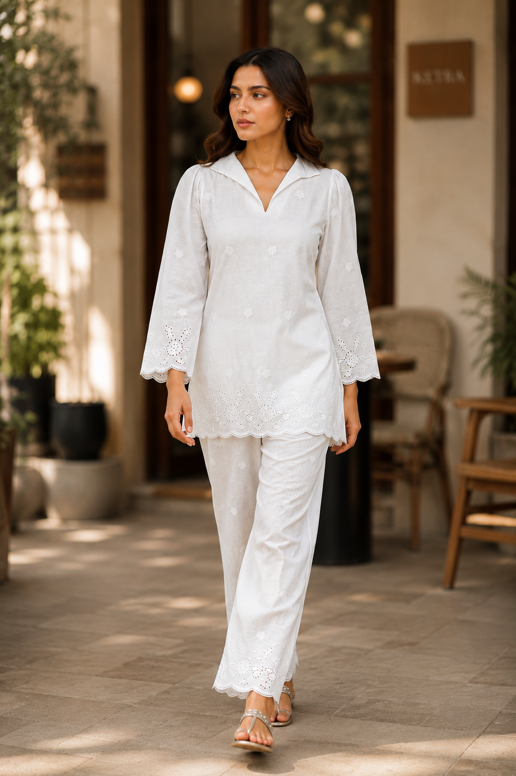 Bloom Women's White Cotton Chikankari Co-Ord Set | Embroidered Kurta & Pants