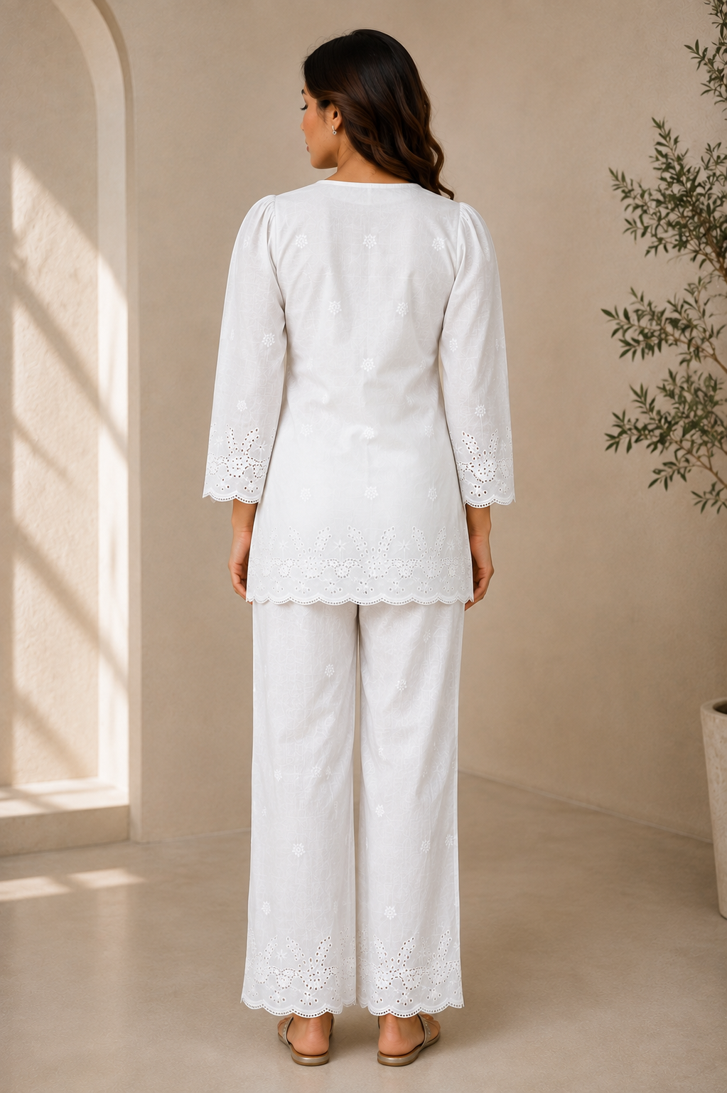 Bloom Women's White Cotton Chikankari Co-Ord Set | Embroidered Kurta & Pants