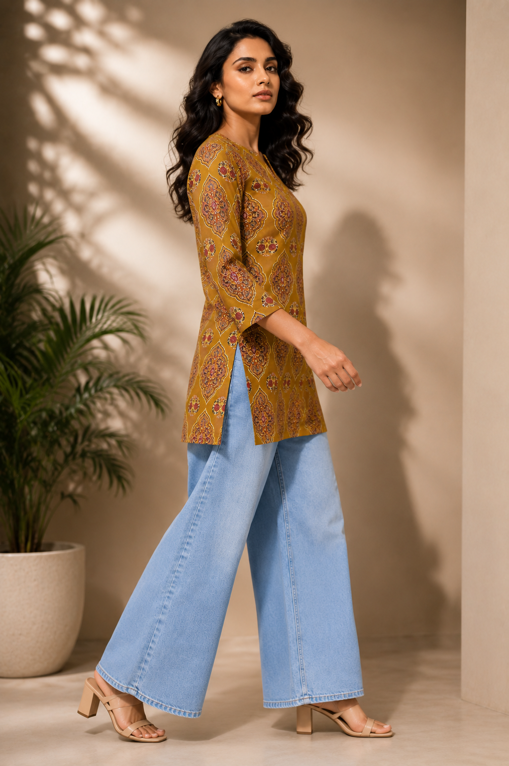 Nitya Women's Mustard Ethnic Printed Cotton Kurti Top | 100% Premium Cotton