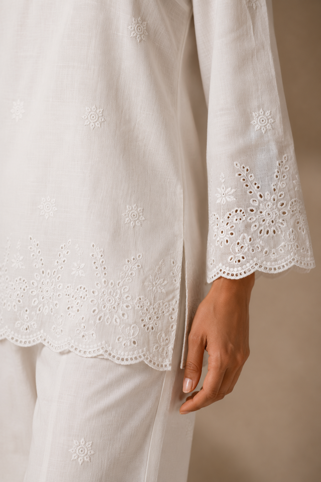 Bloom Women's White Cotton Chikankari Co-Ord Set | Embroidered Kurta & Pants