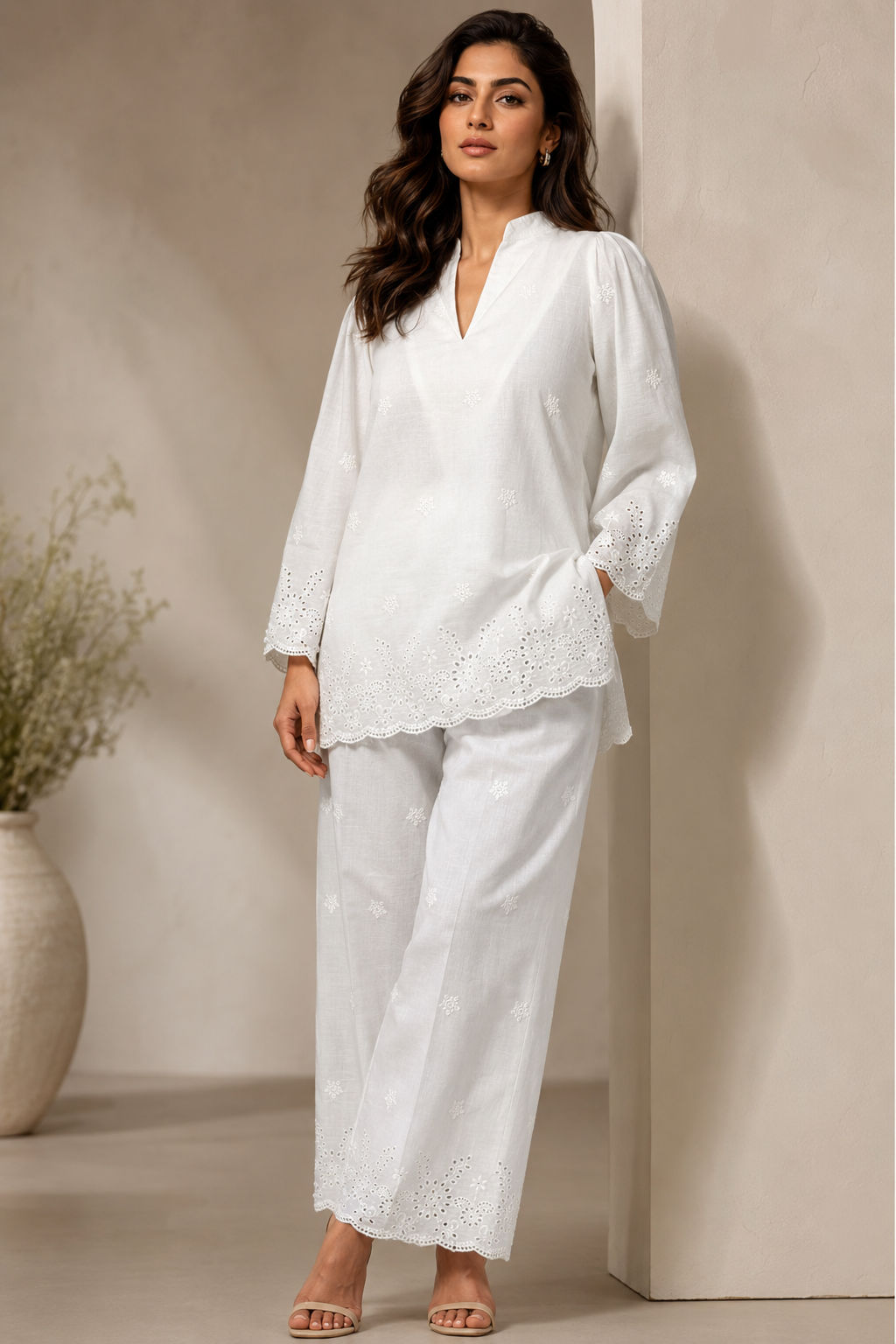 Bloom Women's White Cotton Chikankari Co-Ord Set | Embroidered Kurta & Pants