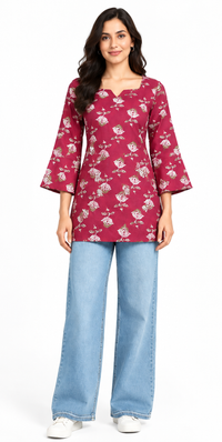 Women’s Maroon Cotton Printed Kurti – Square Neck & Bell Sleeves