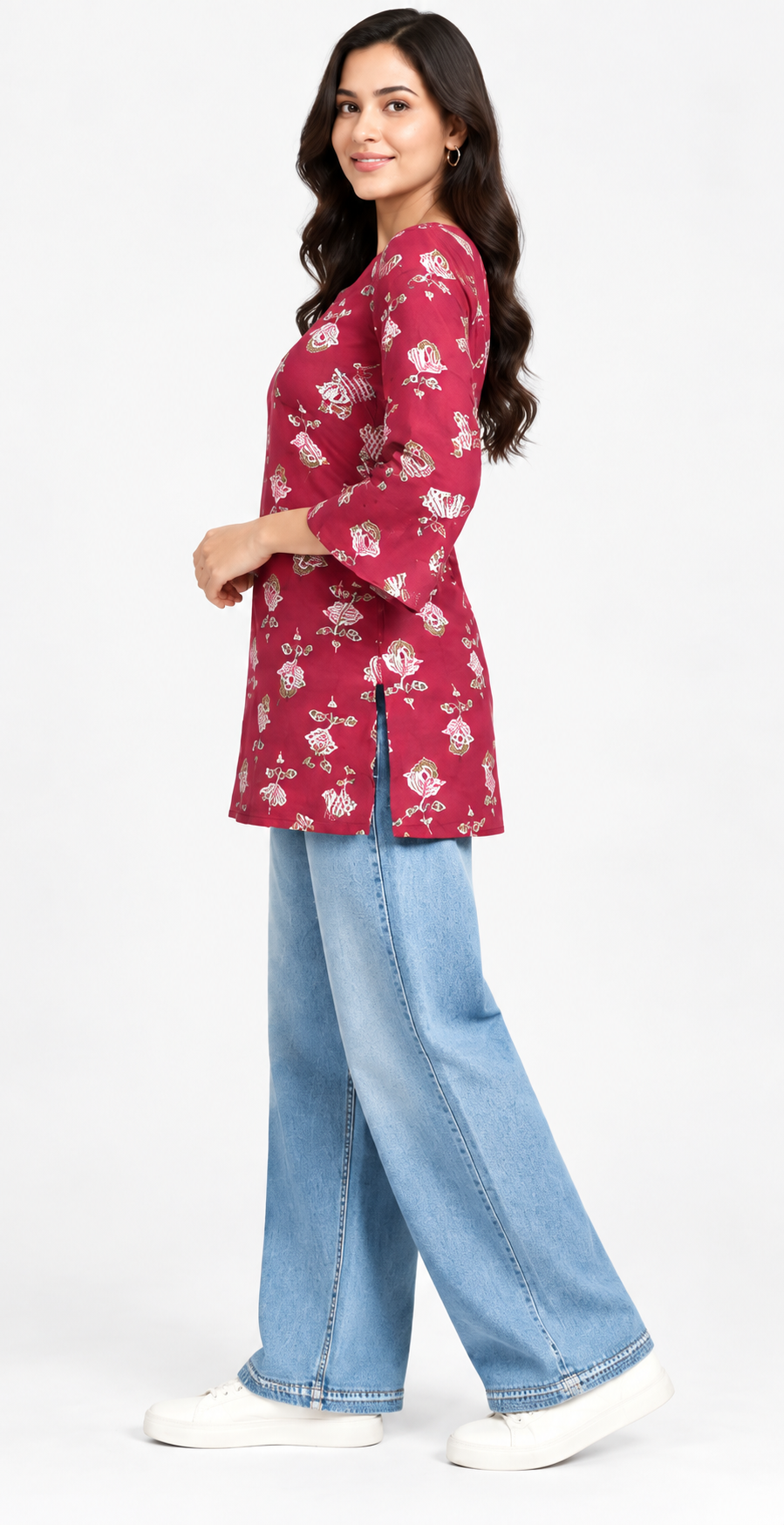 Women’s Maroon Cotton Printed Kurti – Square Neck & Bell Sleeves
