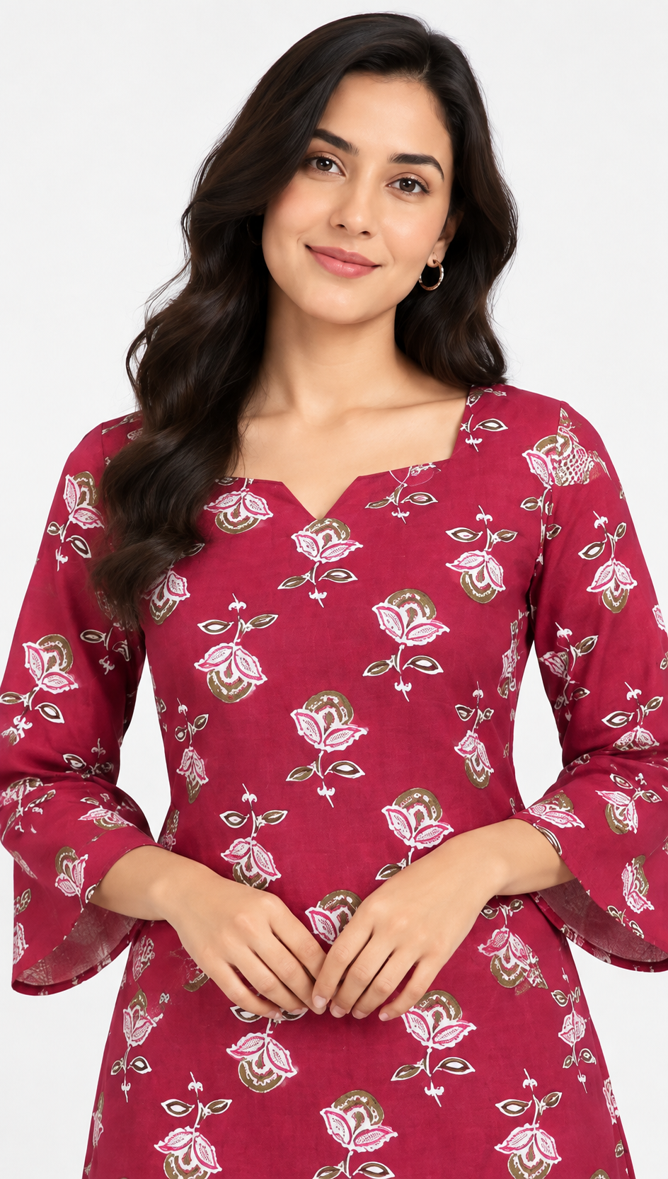 Women’s Maroon Cotton Printed Kurti – Square Neck & Bell Sleeves