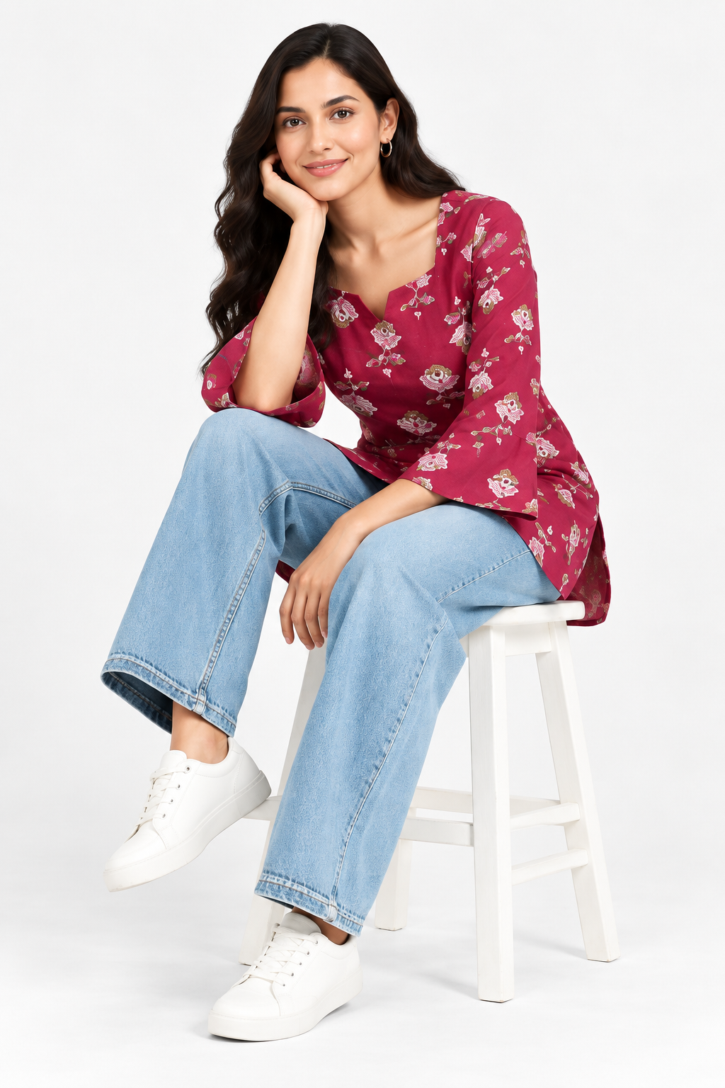 Women’s Maroon Cotton Printed Kurti – Square Neck & Bell Sleeves