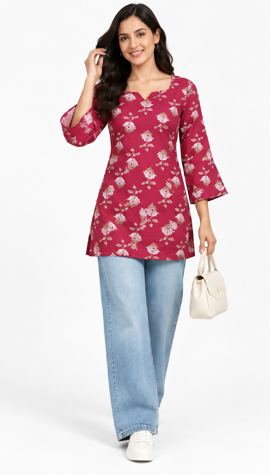 Women’s Maroon Cotton Printed Kurti – Square Neck & Bell Sleeves