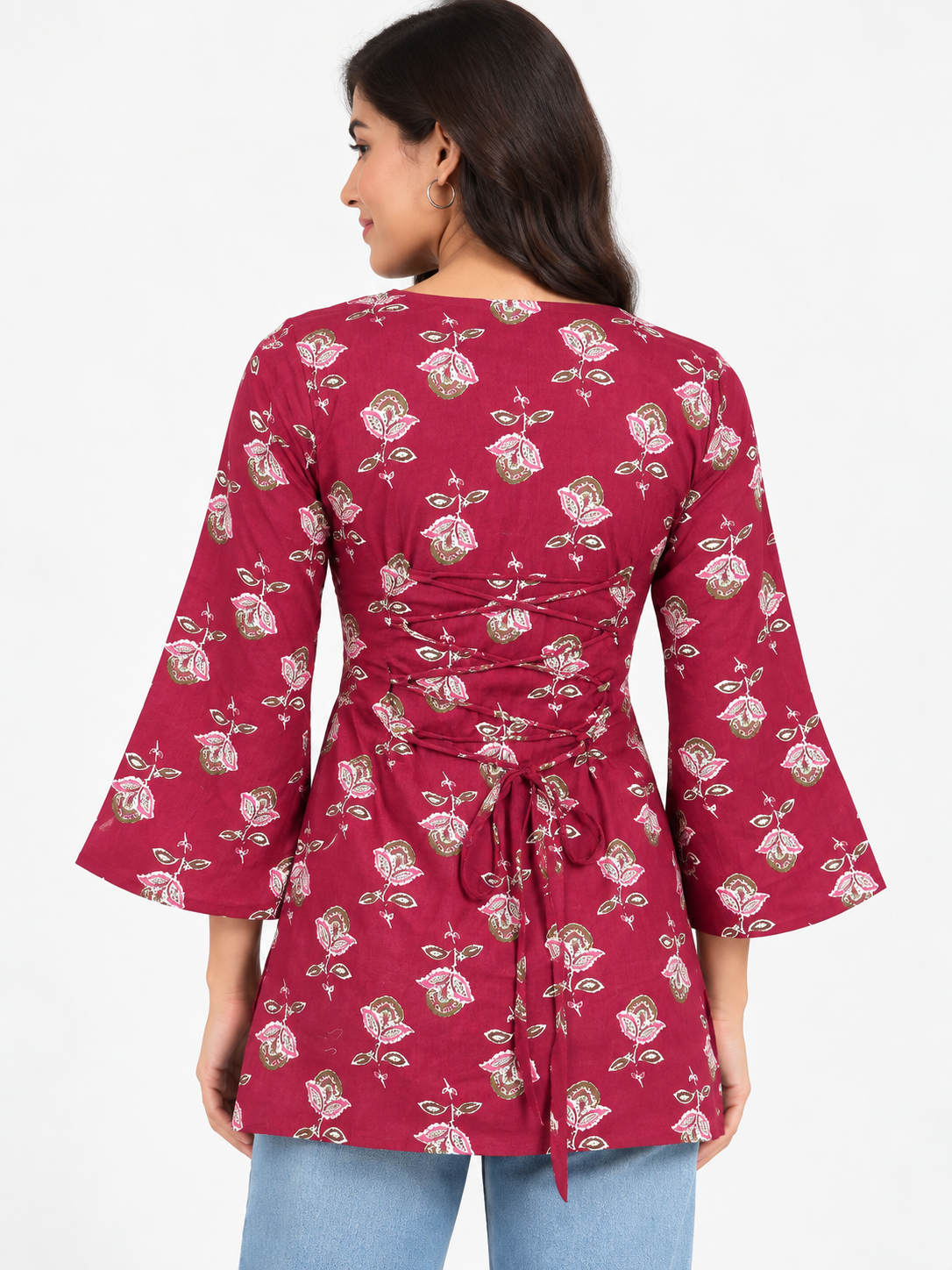 Women’s Maroon Cotton Printed Kurti – Square Neck & Bell Sleeves