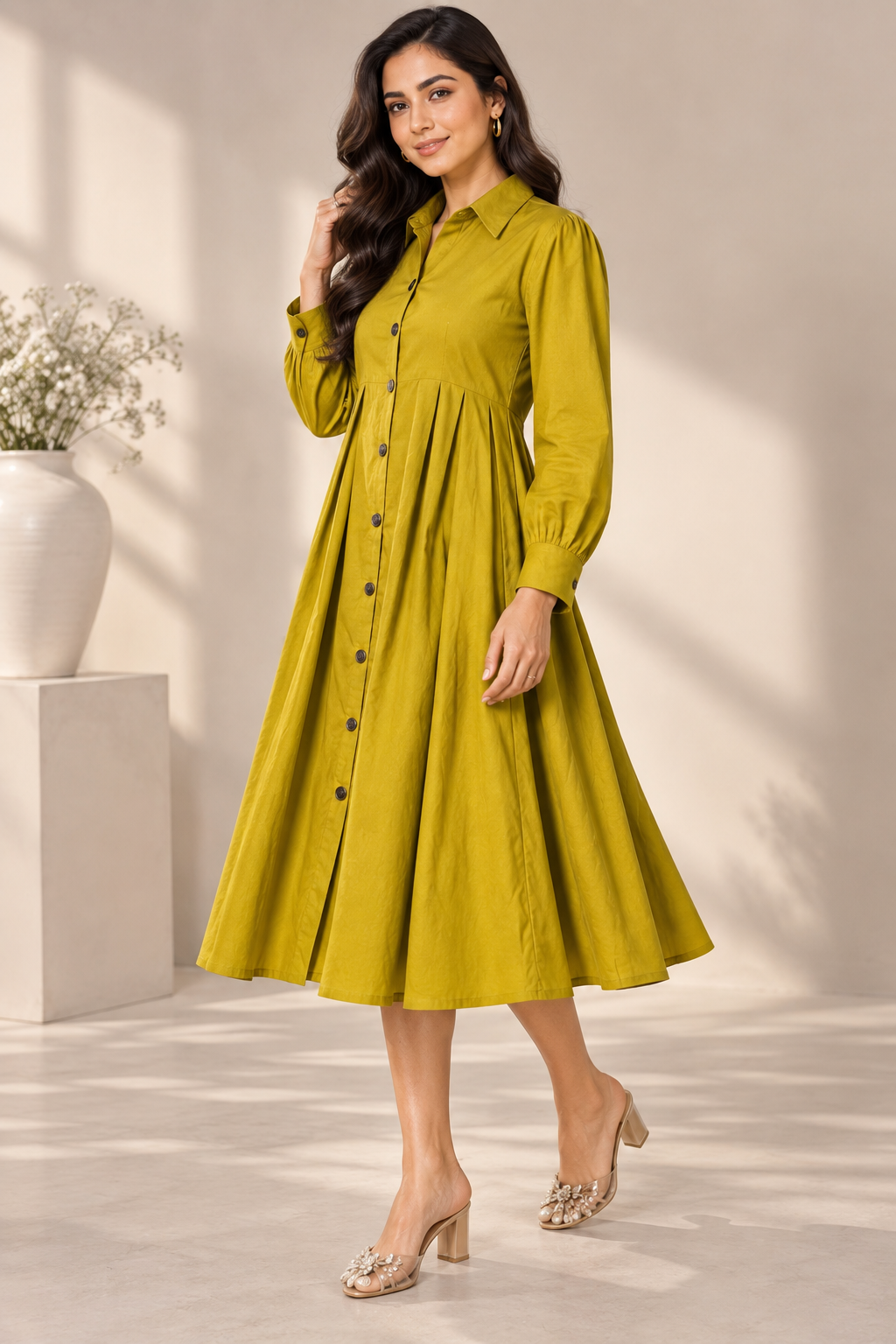 Women’s Cotton Flex Shirt Dress – Full Sleeves & Flared Fit