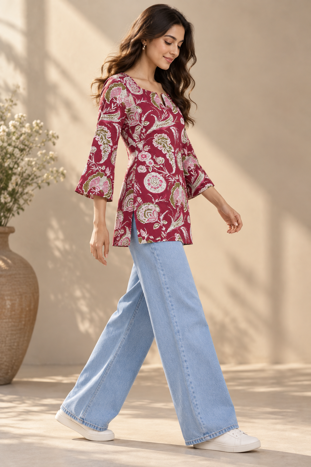 Women’s Maroon Cotton Printed Kurti – Square Neck & Bell Sleeves