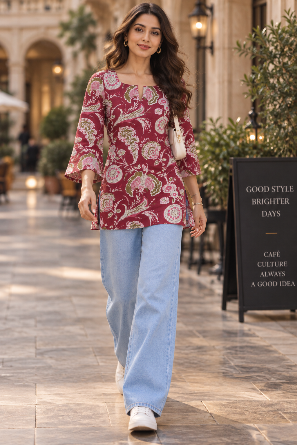 Women’s Maroon Cotton Printed Kurti – Square Neck & Bell Sleeves