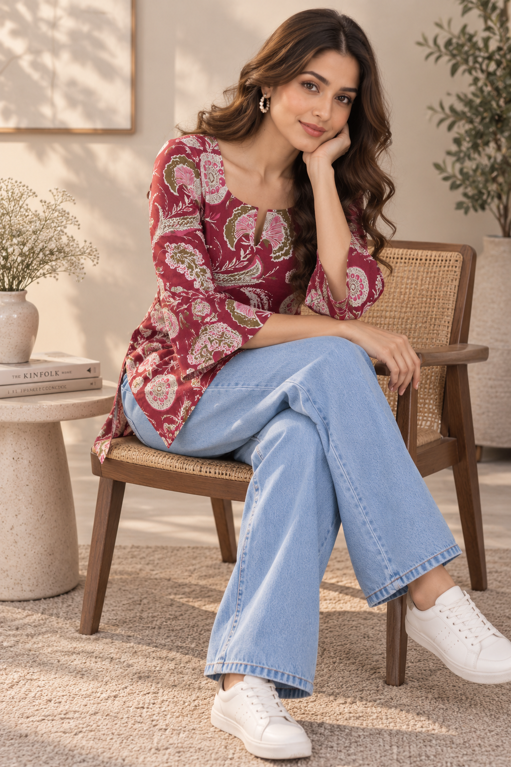 Women’s Maroon Cotton Printed Kurti – Square Neck & Bell Sleeves