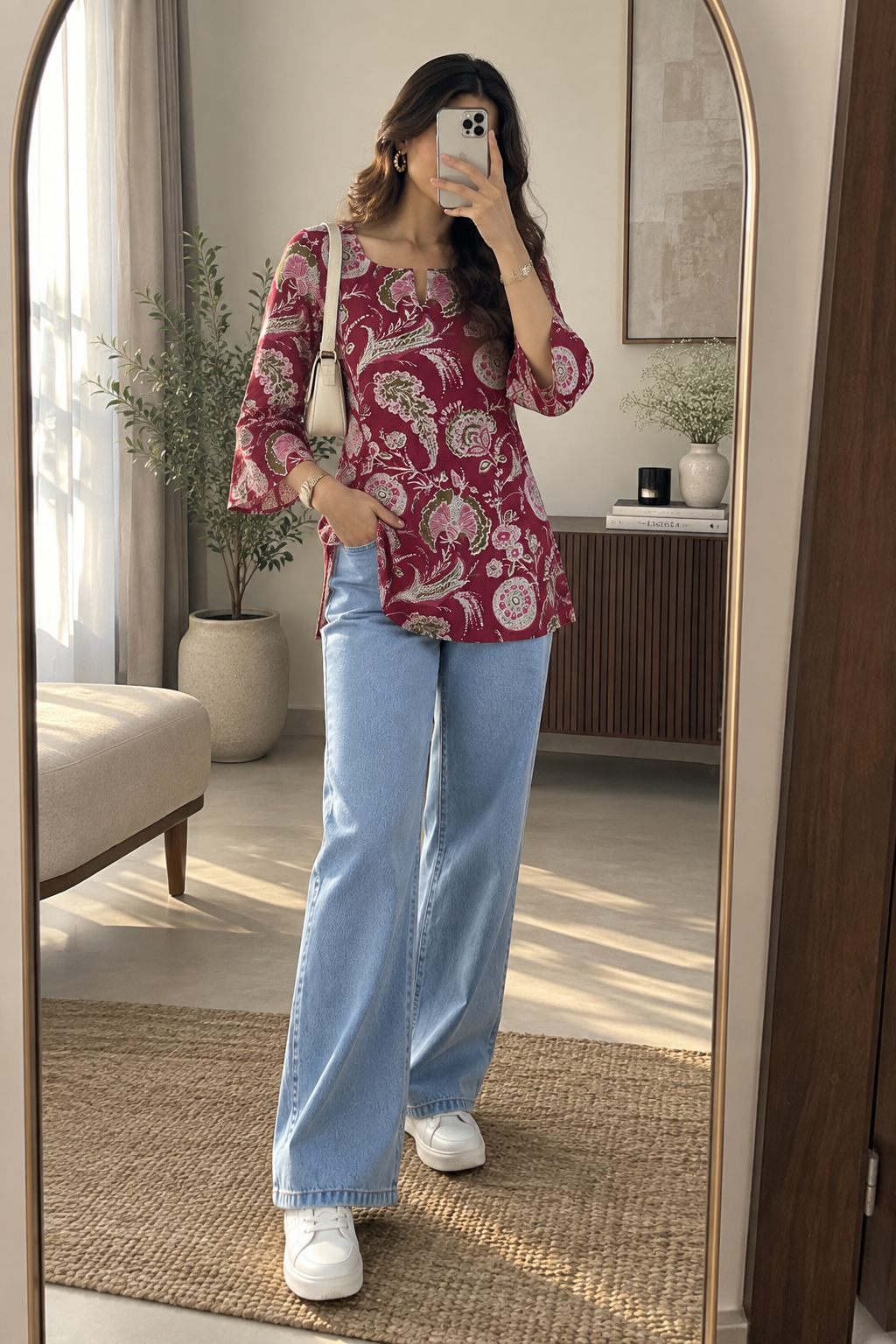 Women’s Maroon Cotton Printed Kurti – Square Neck & Bell Sleeves
